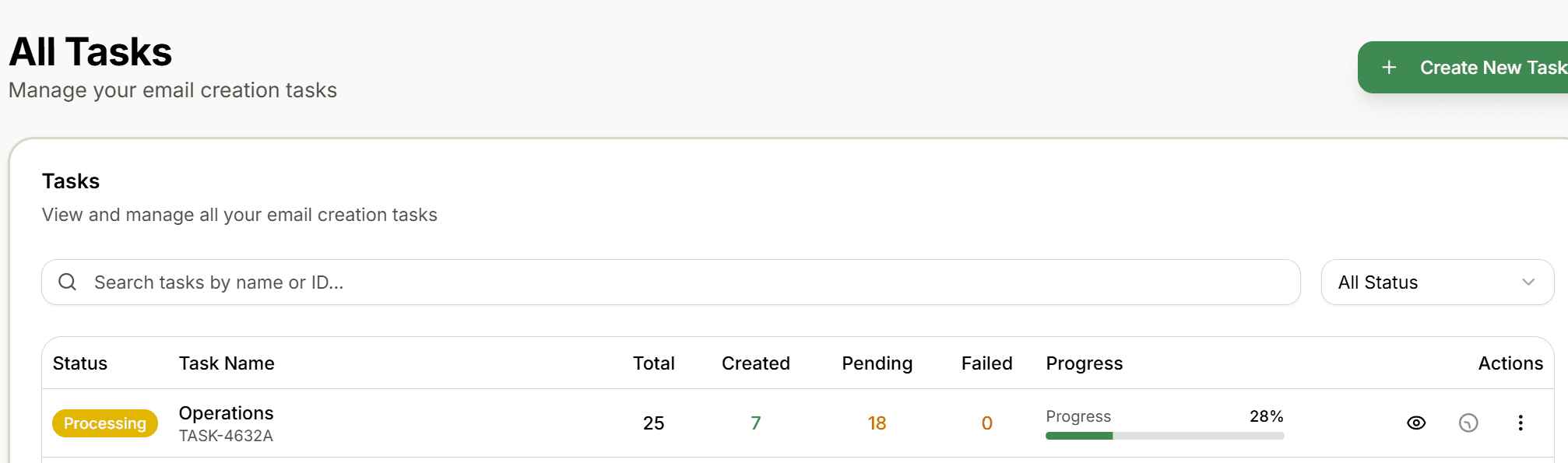 Fila de tarea Gmail de MailCreator mostrando procesamiento y progreso